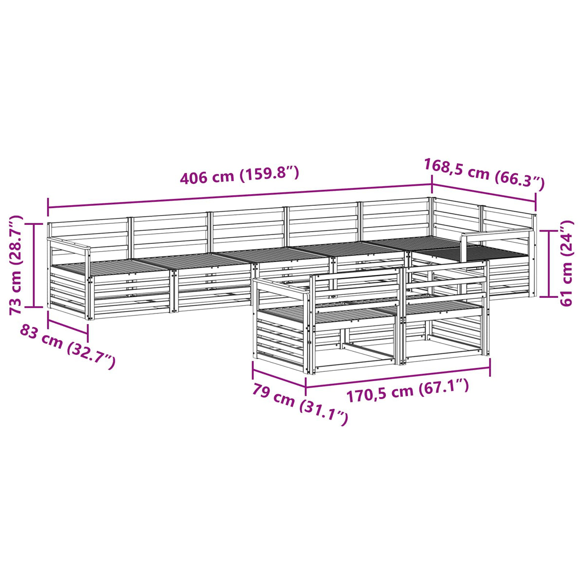 Set vanjskih sofa 8 kom. Prirodna Čvrsto drvo akacije Smeđa 406 x 168,5 x 73 cm
