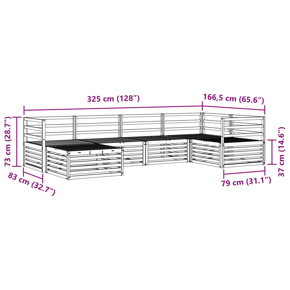Set vanjskih sofa 6 kom. Prirodna Čvrsto drvo akacije Smeđa 325 x 166,5 x 73 cm