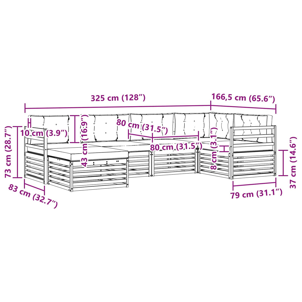 Set vanjskih sofa 6 kom. Prirodna i krem 325 x 166,5 x 73 cm