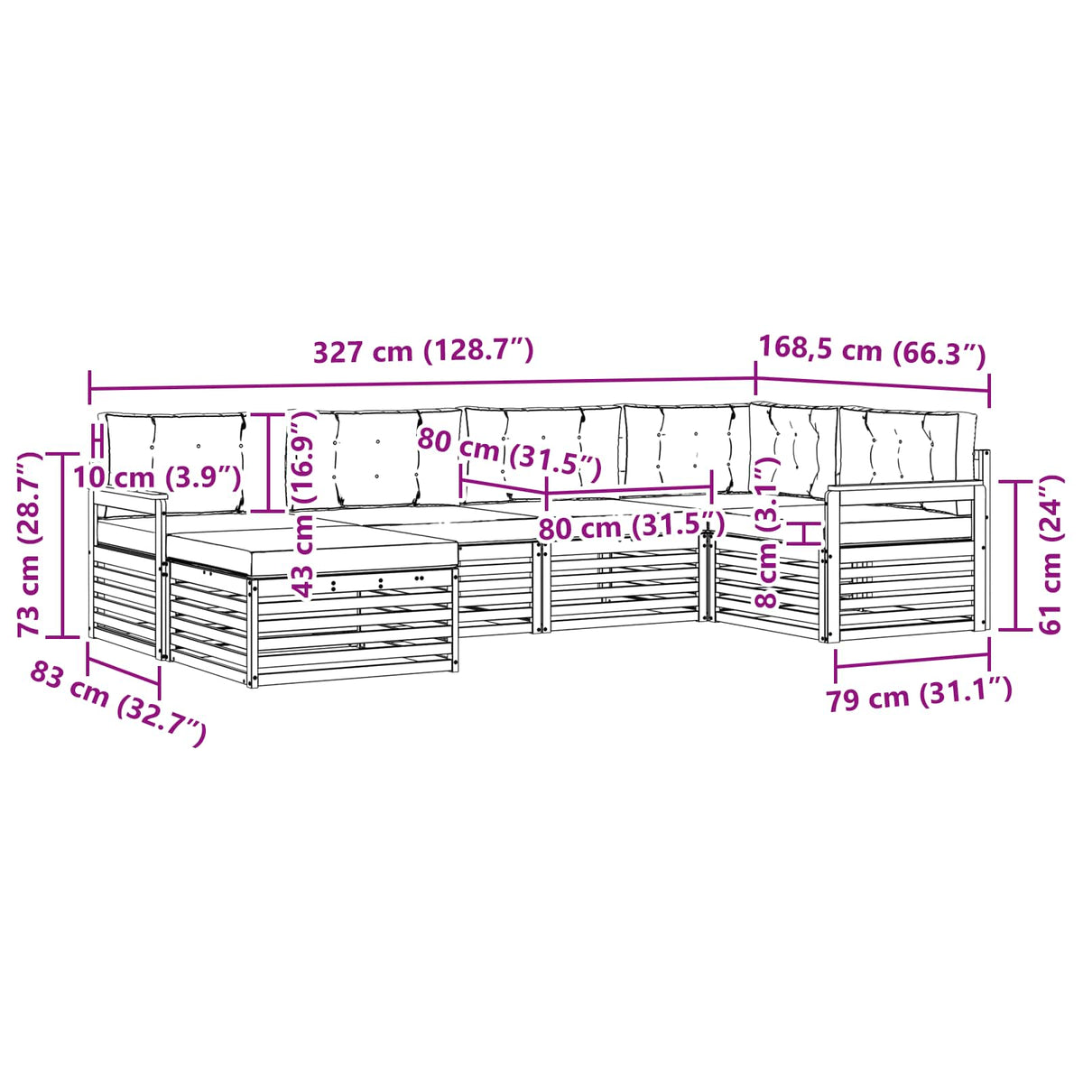Set vanjskih sofa 6 kom. Prirodna i bež 327 x 168,5 x 73 cm