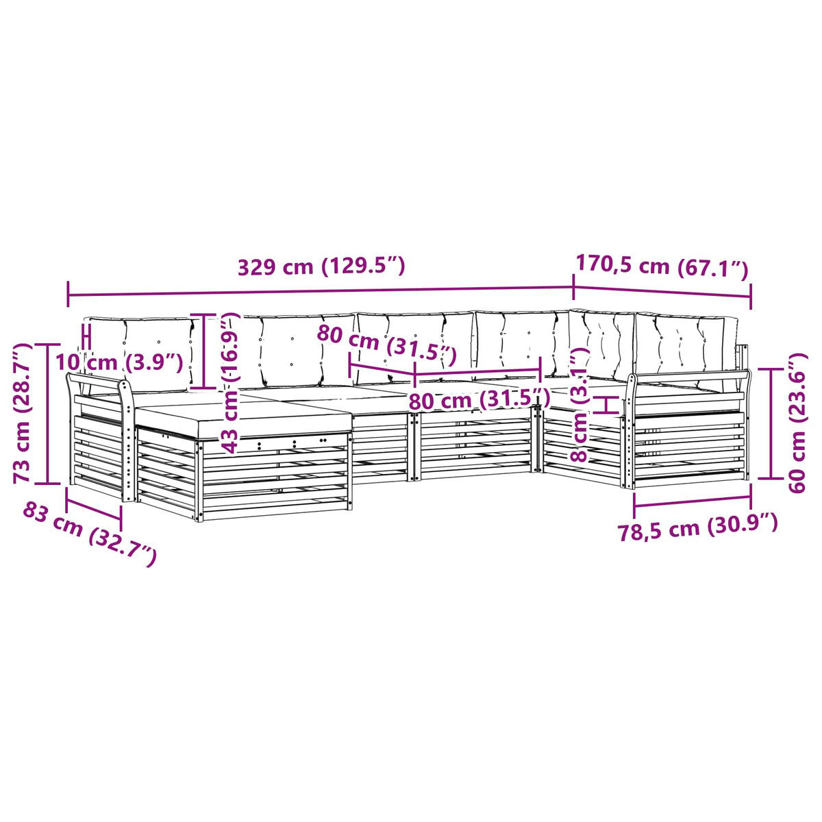 Set vanjskih sofa 6 kom. Prirodna i bež 329 x 170,5 x 73 cm