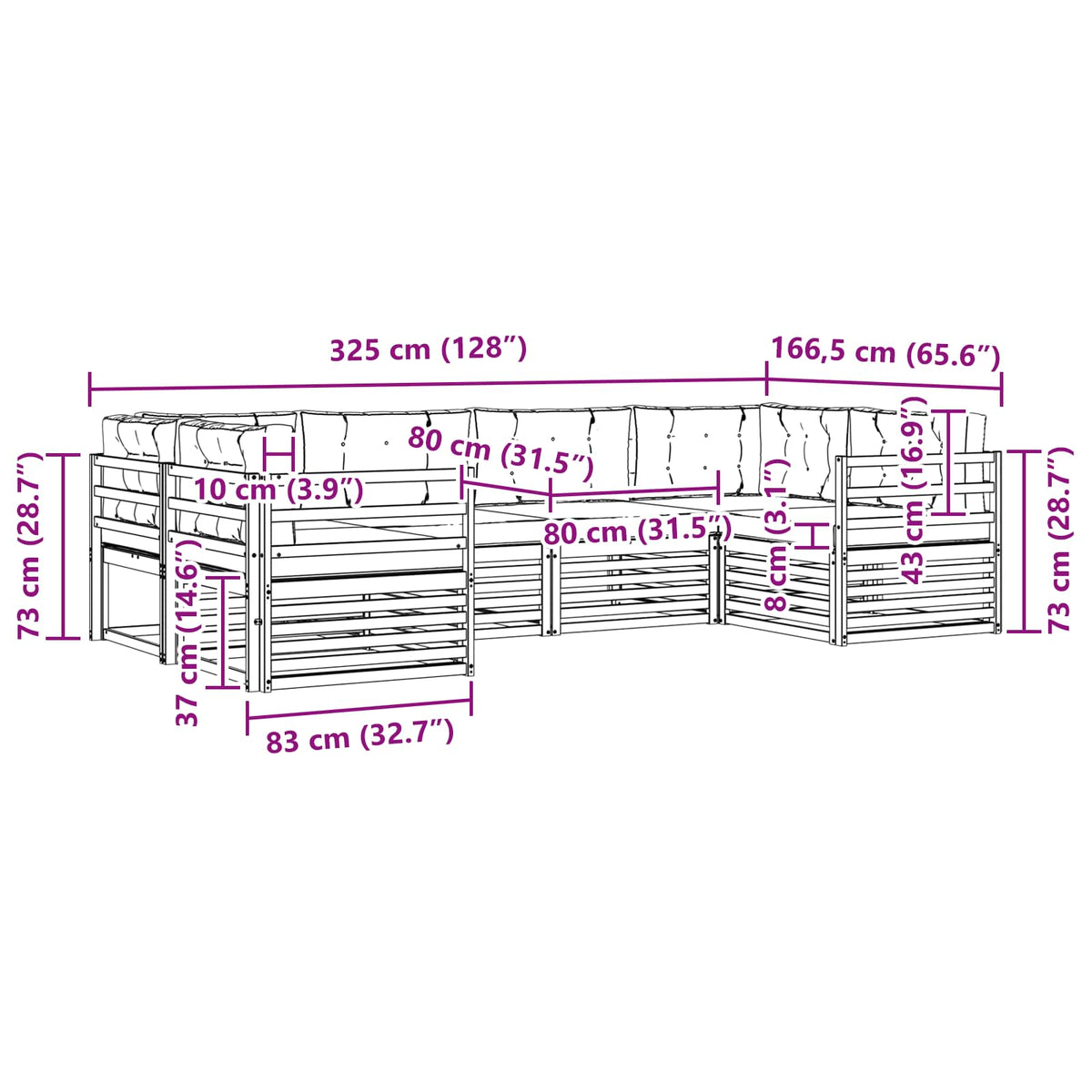 Set vanjskih sofa 6 kom. Prirodna i svijetlo siva 325 x 166,5 x 73 cm