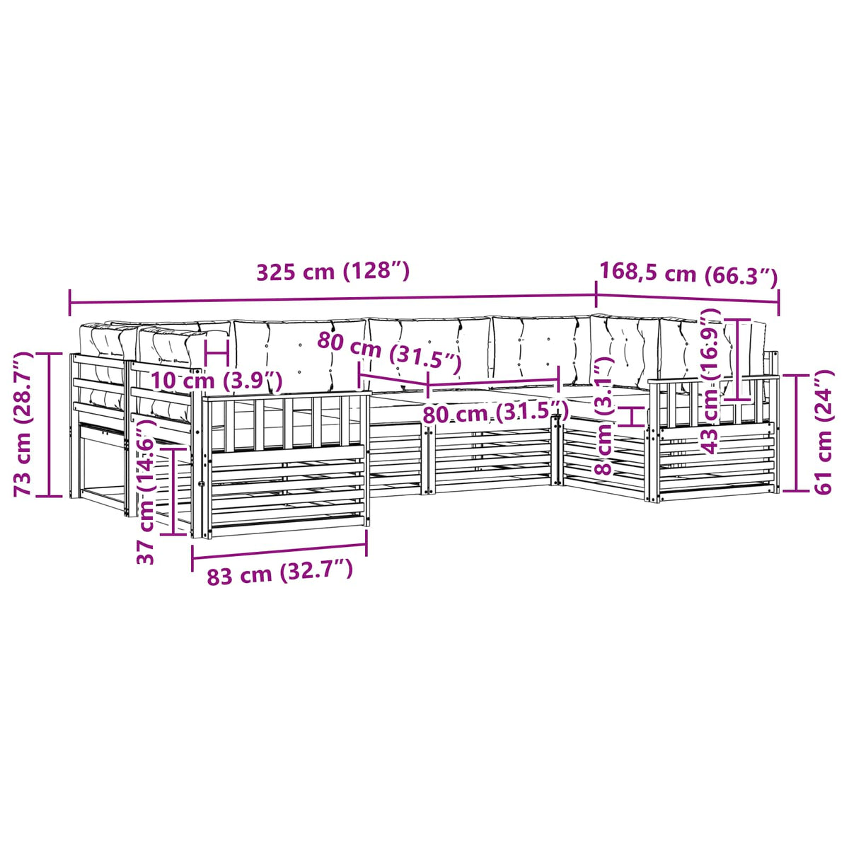Set vanjskih sofa 6 kom. Prirodna i krem Čvrsto drvo akacije 325 x 168,5 x 73 cm