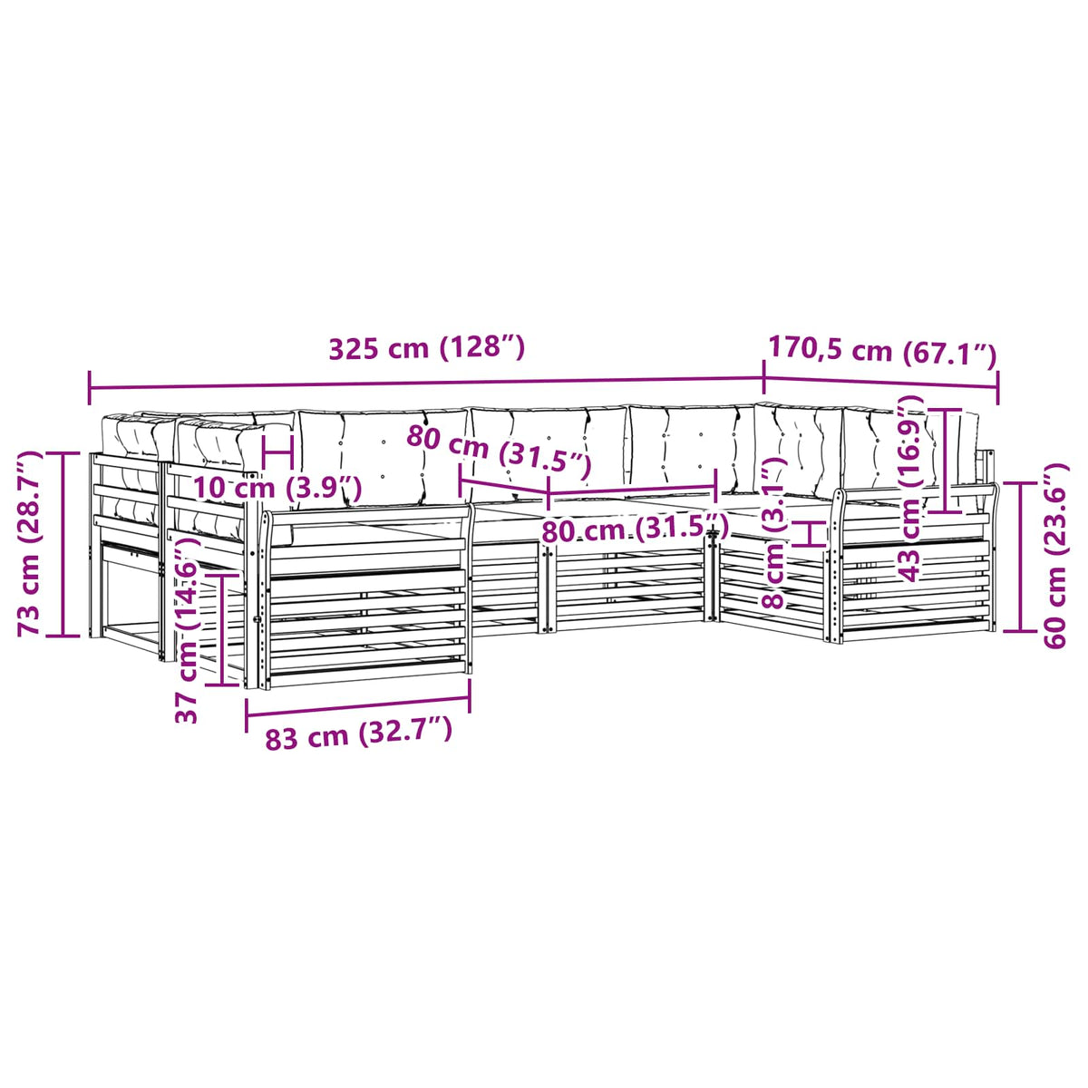 Set vanjskih sofa 6 kom. Prirodna i krem Čvrsto drvo akacije 325 x 170,5 x 73 cm