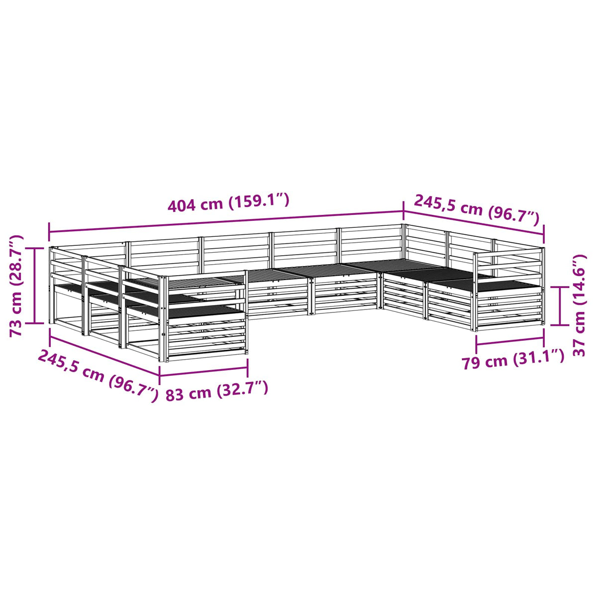 Set vanjskih sofa 9 kom. Prirodna Čvrsto drvo akacije 404 x 245,5 x 73 cm