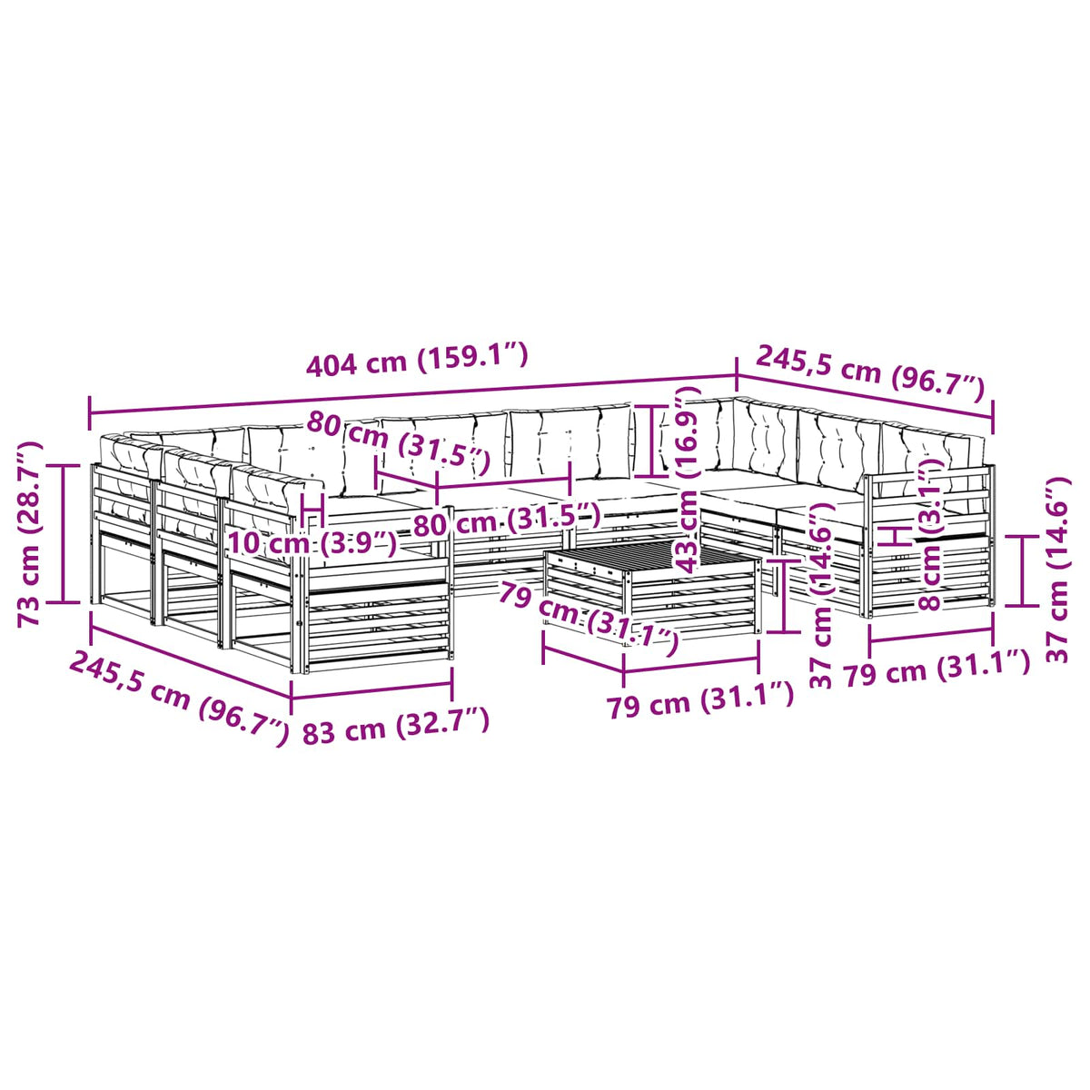 Set vanjskih sofa 10 kom. Prirodna i antracit 79 x 79 x 37 cm