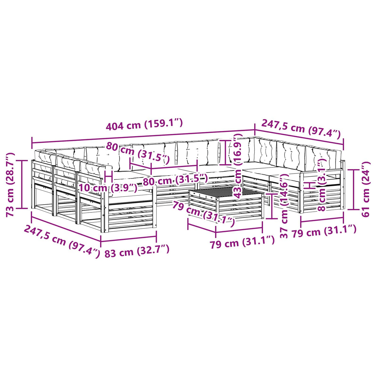 Set vanjskih sofa 10 kom. Prirodna i antracit 79 x 79 x 37 cm