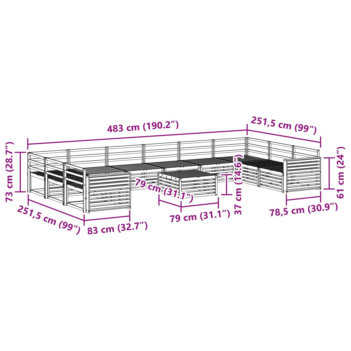 Setovi sofa 11 kom. Prirodna Čvrsto drvo akacije 483 x 251,5 x 73 cm