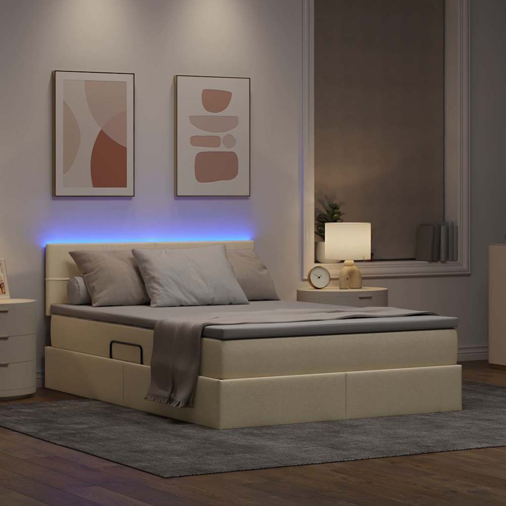 LED krevet za pohranu s madracem Krema 140 x 200 cm Tkanina