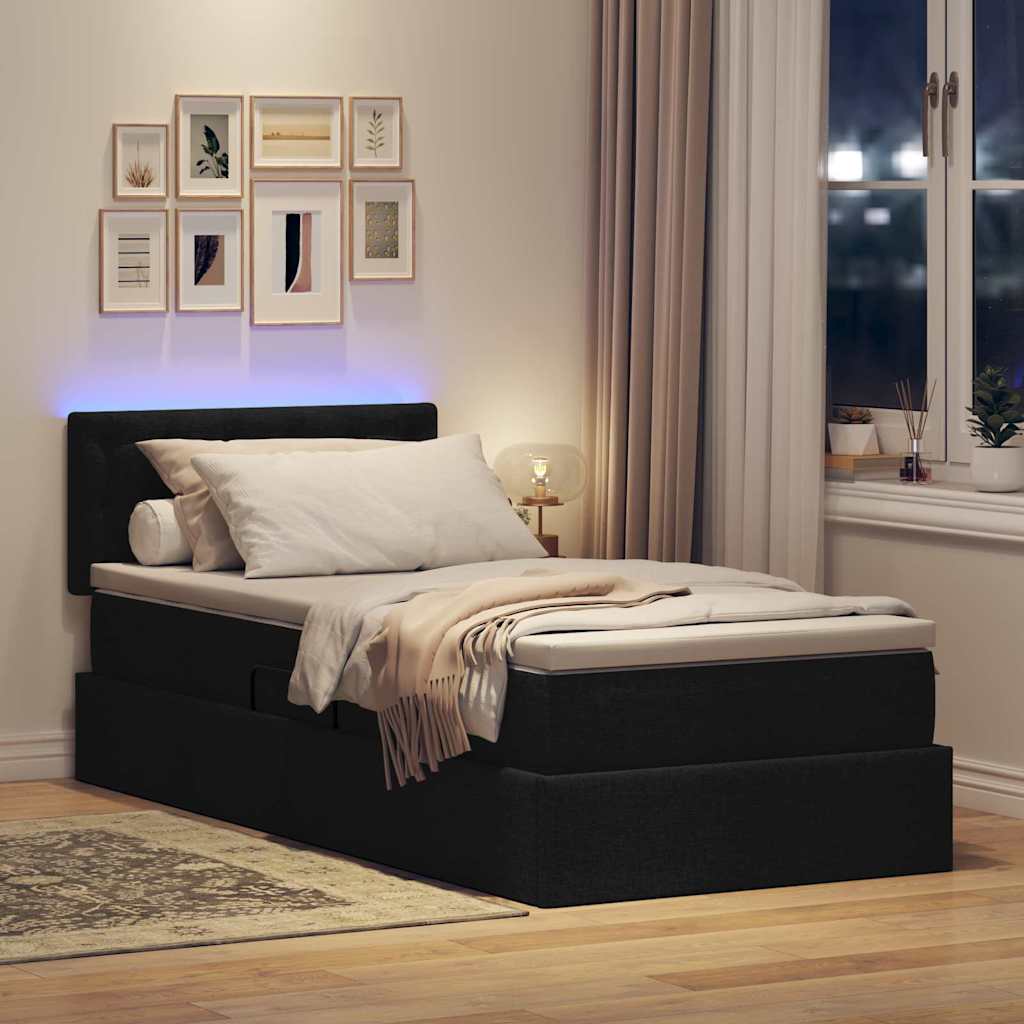 LED krevet za pohranu s madracem Crna 90 x 190 cm Tkanina