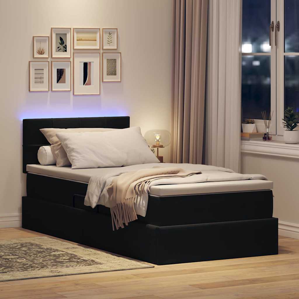 LED krevet za pohranu s madracem Crna 90 x 200 cm Baršun