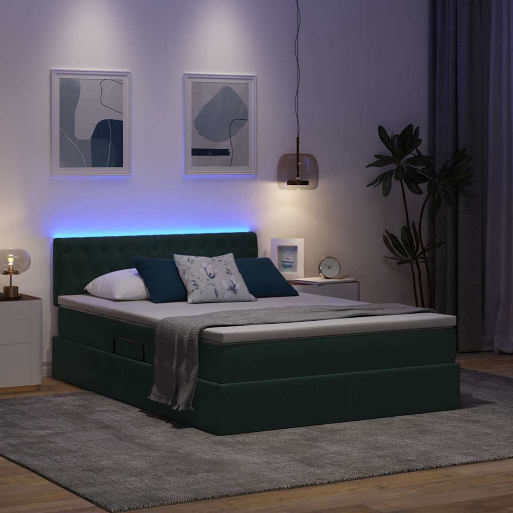 LED krevet za pohranu s madracem Tamnozelena 140 x 190 cm