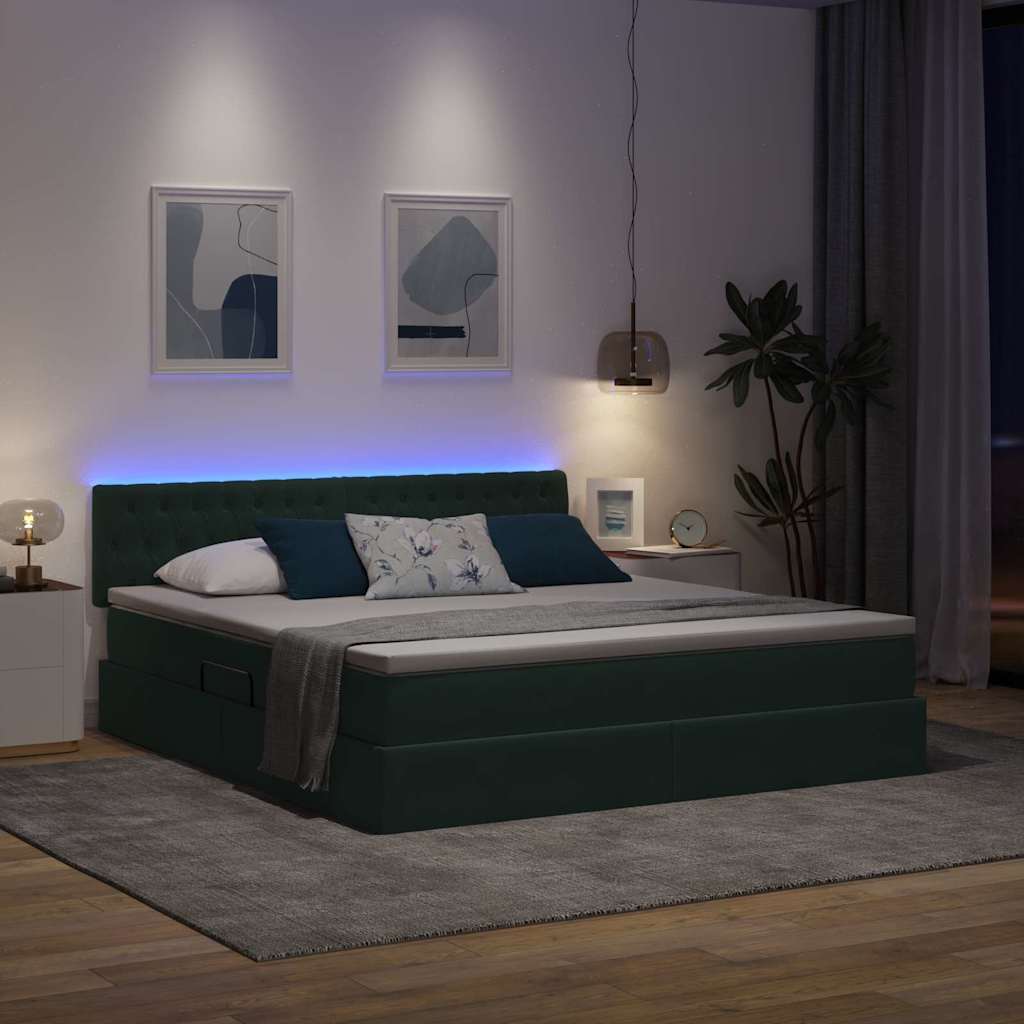 LED krevet za pohranu s madracem Tamnozelena 160 x 200 cm
