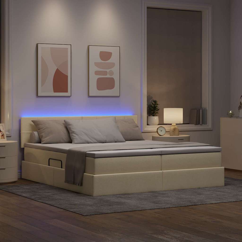 LED krevet za pohranu s madracem Krema 180 x 200 cm Tkanina