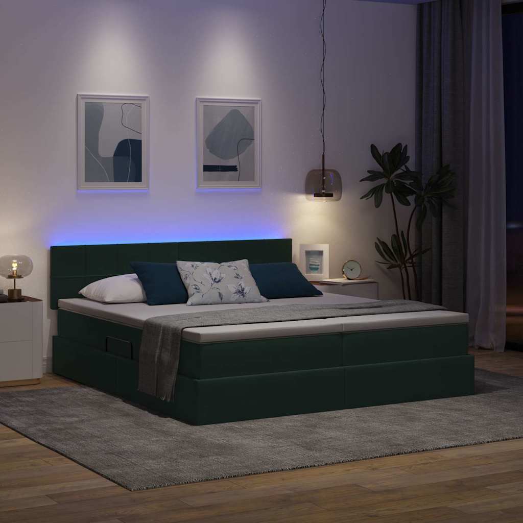 LED krevet za pohranu s madracem Tamnozelena 200 x 200 cm