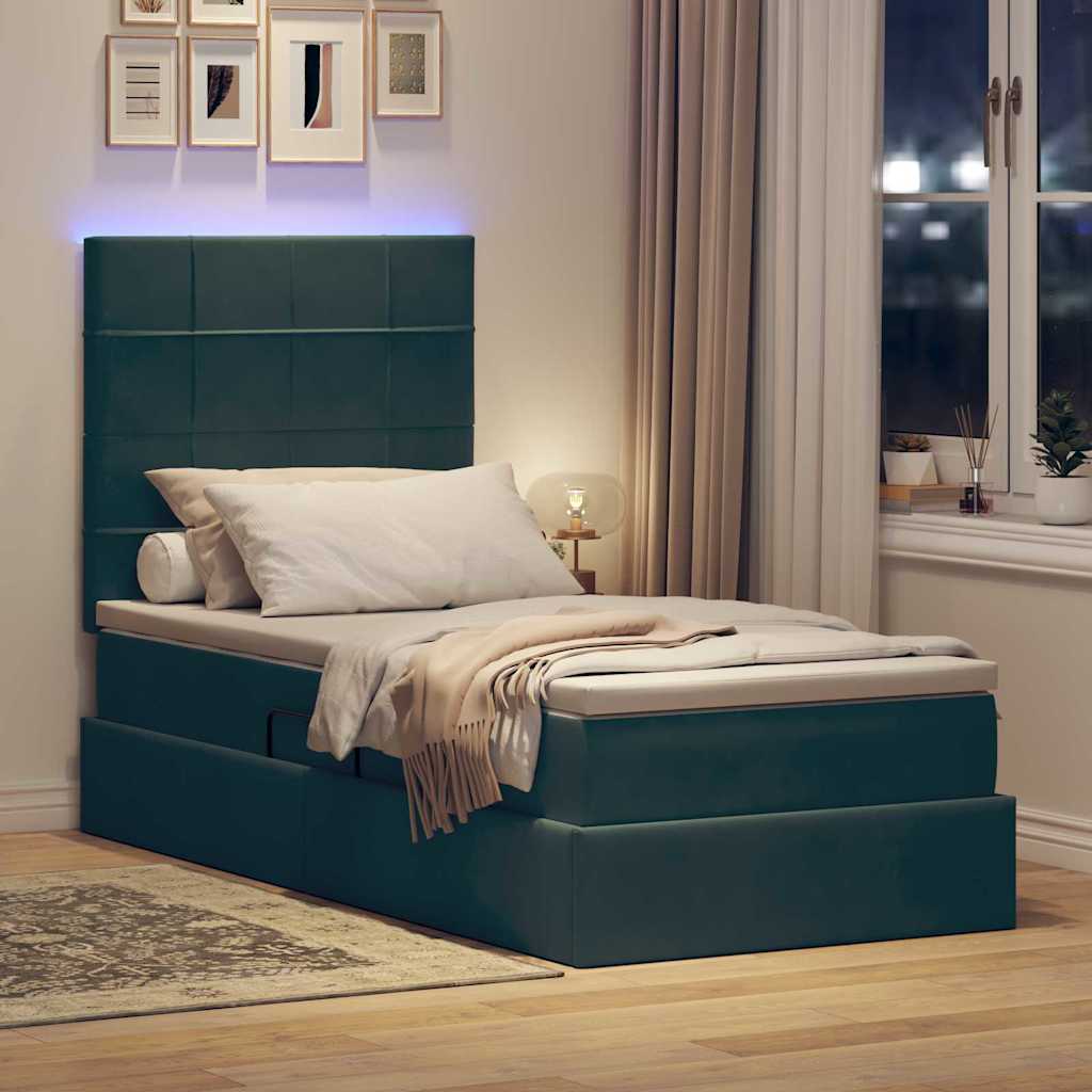 LED krevet za pohranu s madracem Tamnozelena 90 x 190 cm Baršun