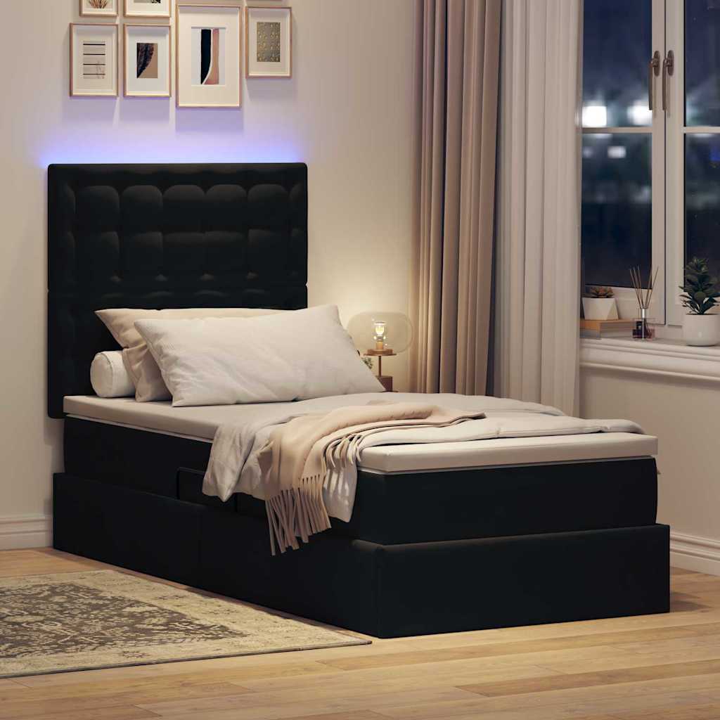 LED krevet za pohranu s madracem Crna 90 x 190 cm Baršun