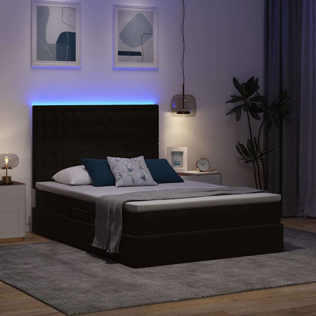 LED krevet za pohranu s madracem Crna 140 x 190 cm Baršun