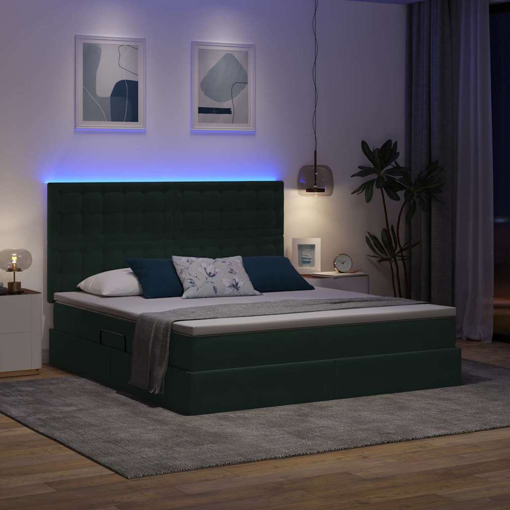 LED krevet za pohranu s madracem Tamnozelena 180 x 200 cm
