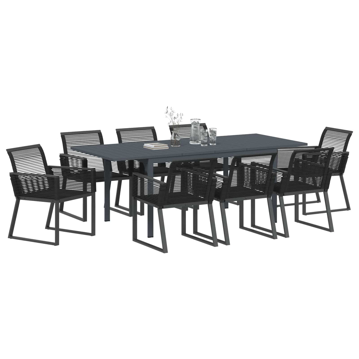 Vrtni set za objed 9 kom. Crna poliratan 180 x 80 x 74 cm