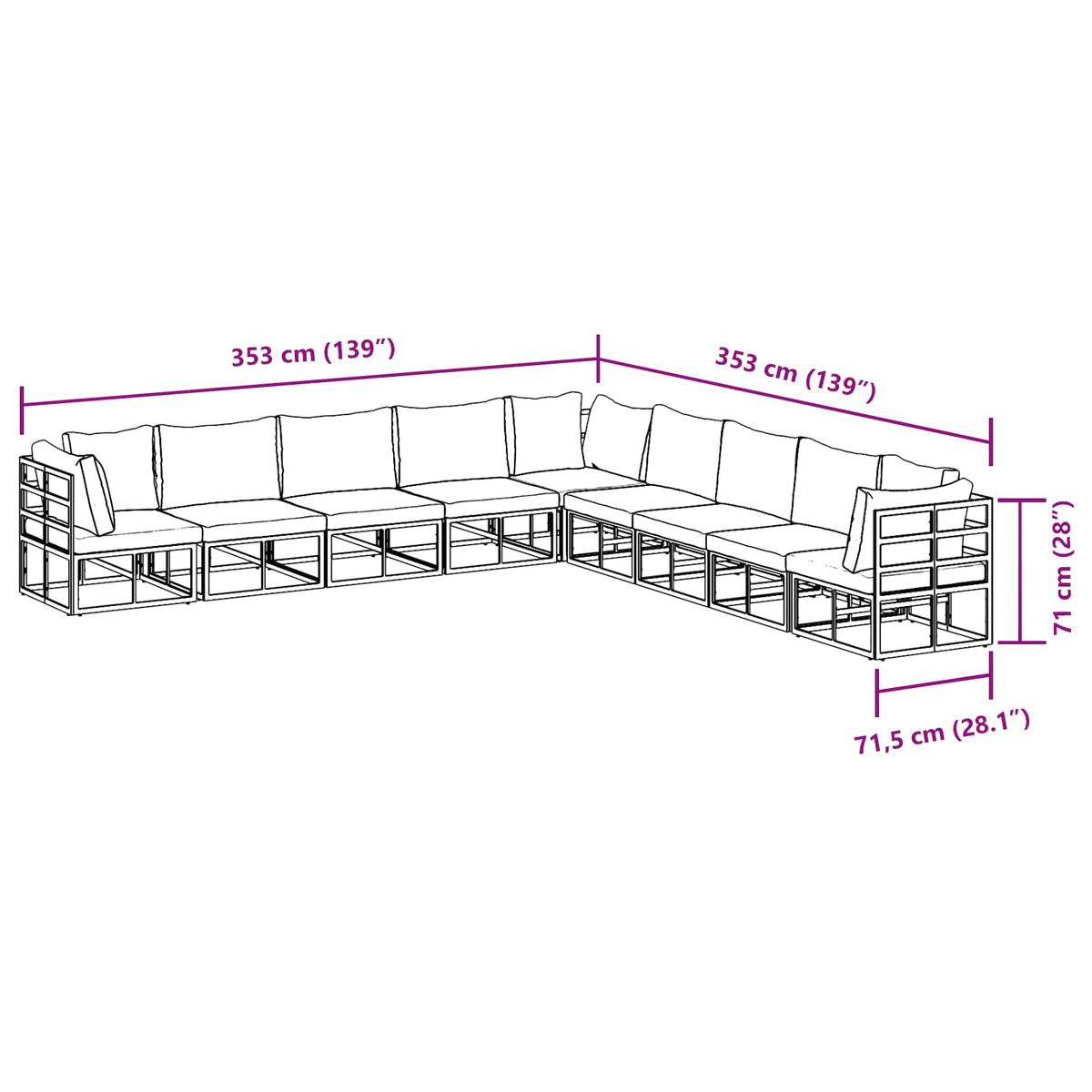 Sjedeća garnitura za vrt 9 kom. Crna Aluminij 353 x 353 x 71 cm