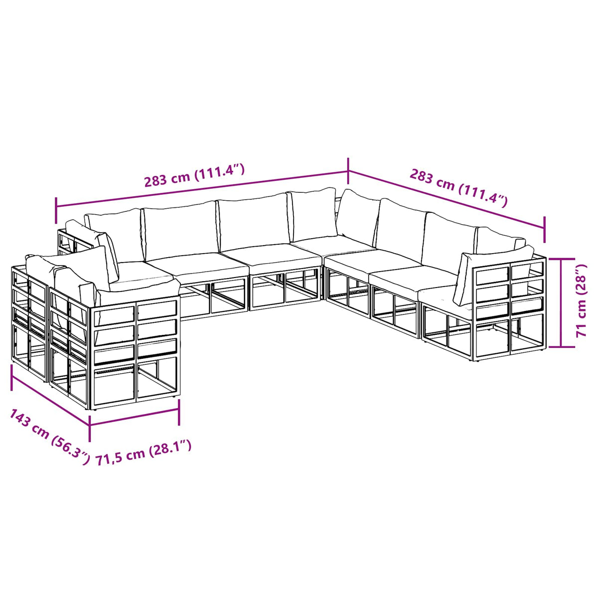 Sjedeća garnitura za vrt 9 kom. Crna Aluminij 283 x 283 x 71 cm