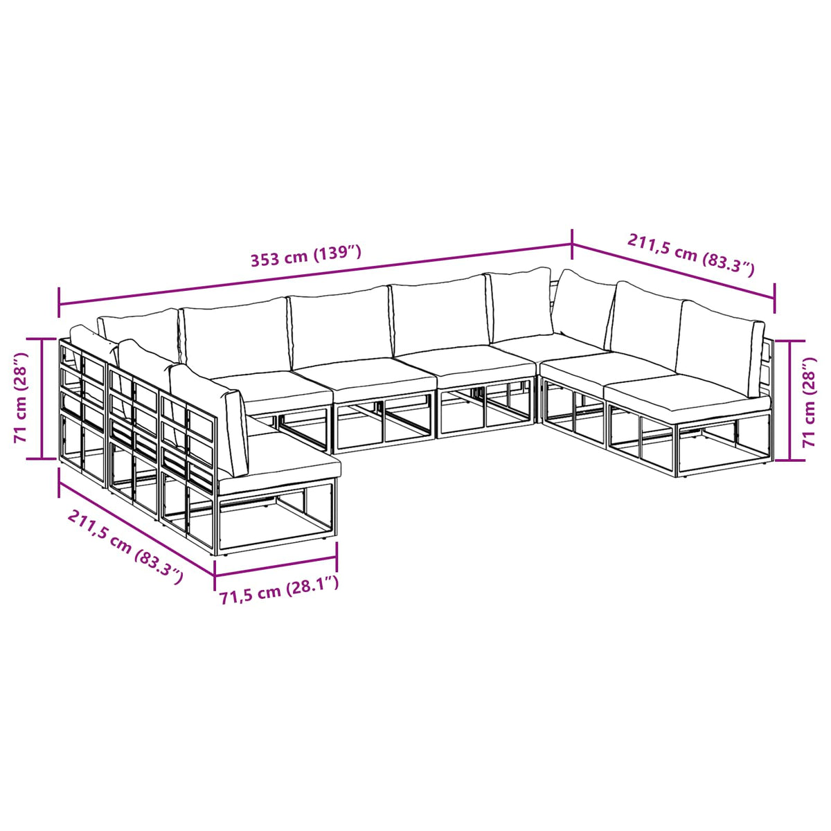 Sjedeća garnitura za vrt 9 kom. Crna Aluminij 353 x 211,5 x 71 cm