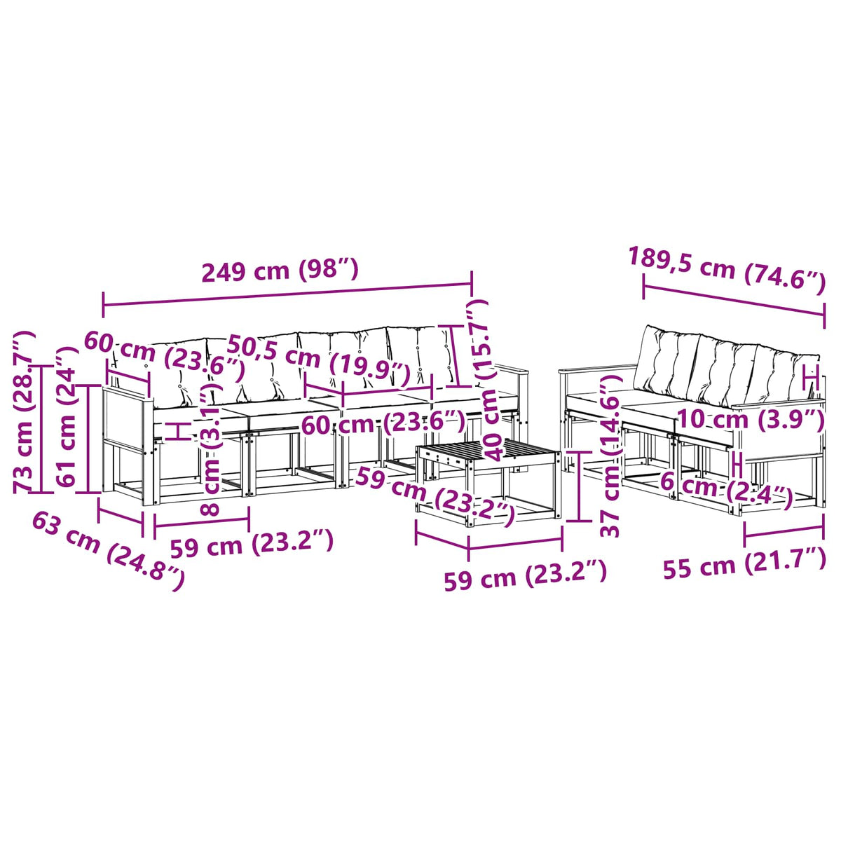 Set vanjskih sofa 8 kom. Prirodna i svjetlosiva Smeđa 59 x 59 x 37 cm