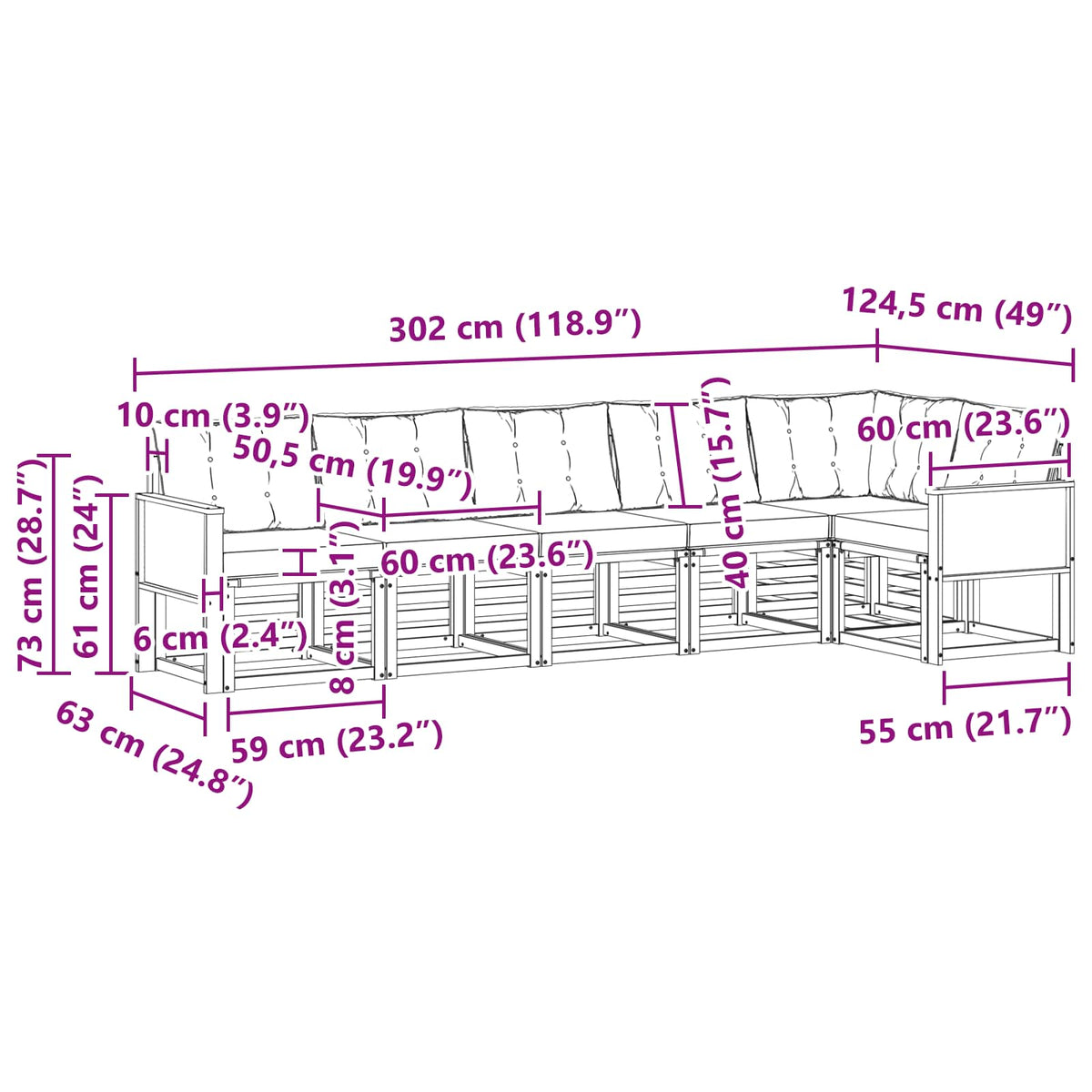 Set vanjskih sofa 6 kom. Prirodna i bež Smeđa 302 x 124,5 x 73 cm