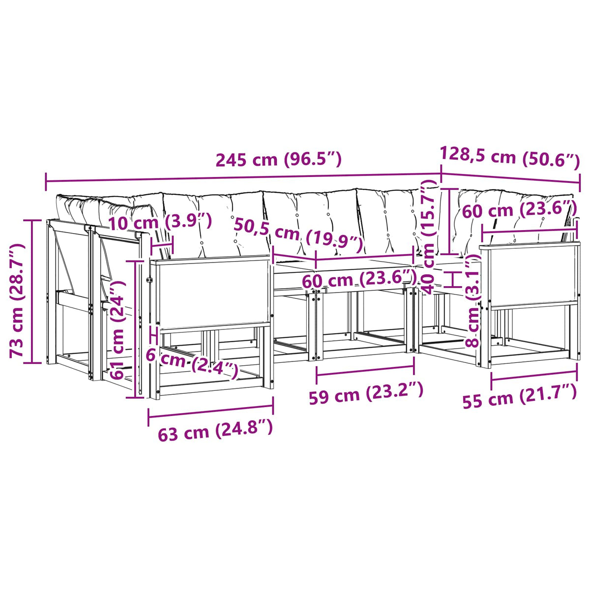 Set vanjskih sofa 6 kom. Prirodna i bež Smeđa 245 x 128,5 x 73 cm