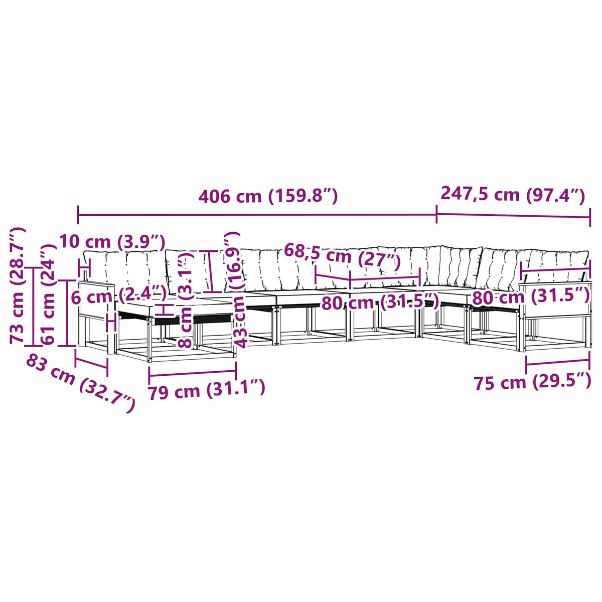Set vanjskih sofa 8 kom. Prirodna i svjetlosiva Smeđa 406 x 247,5 x 73 cm