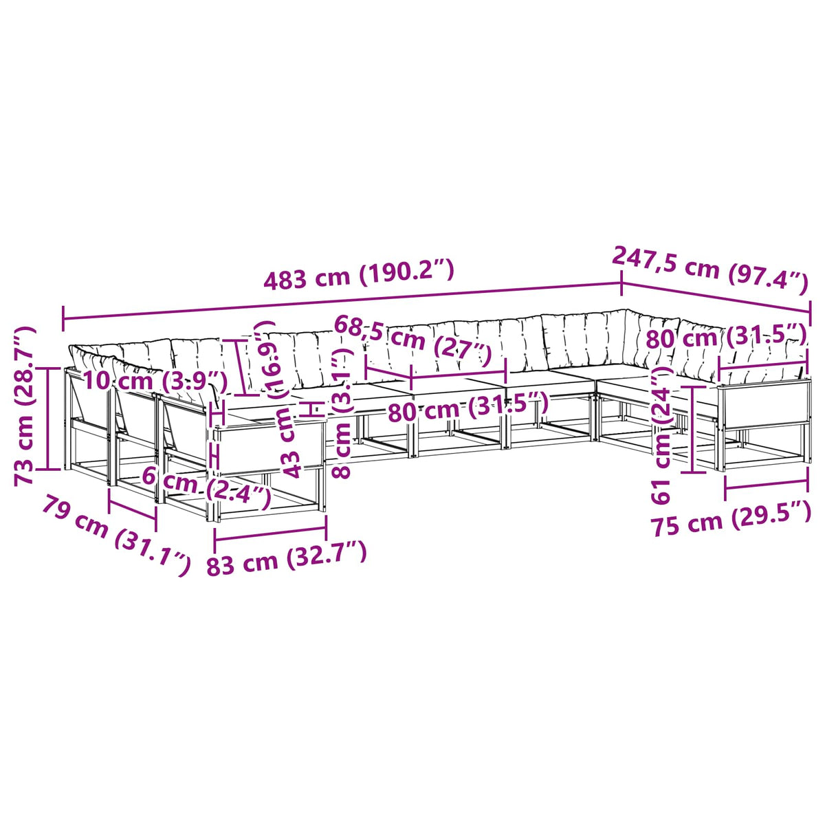 Set vanjskih sofa 10 kom. Prirodna i svjetlosiva Smeđa 483 x 247,5 x 73 cm