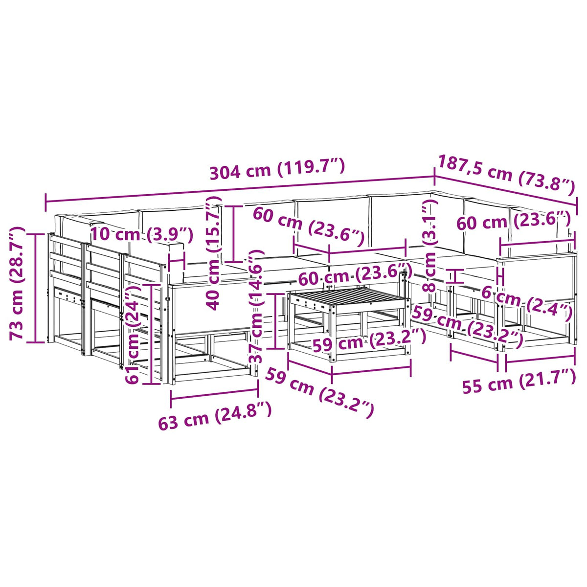 Set vanjskih sofa 10 kom. Prirodna i krem Smeđa 59 x 59 x 37 cm