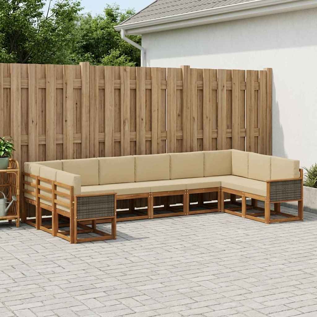 Set vanjskih sofa 10 kom. Prirodna i bež Čvrsto drvo akacije Smeđa 363 x 187,5 x 73 cm