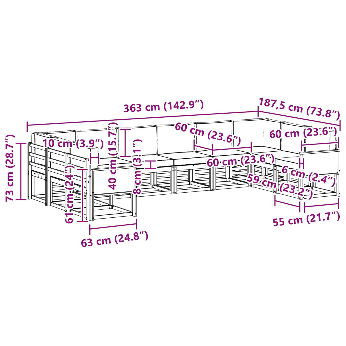 Set vanjskih sofa 10 kom. Prirodna i bež Čvrsto drvo akacije Smeđa 363 x 187,5 x 73 cm