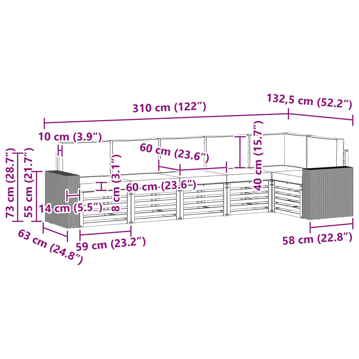 Set vanjskih sofa 6 kom. Prirodna i svjetlosiva Poliester Bijela 310 x 132,5 x 73 cm