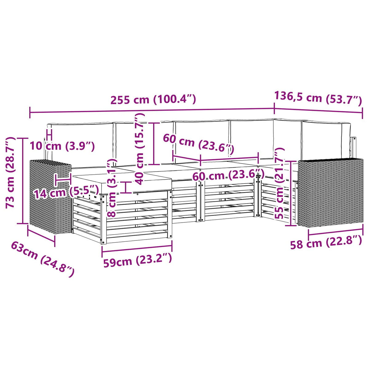 Set vanjskih sofa 6 kom. Prirodna i antracit Poliester 255 x 136,5 x 73 cm
