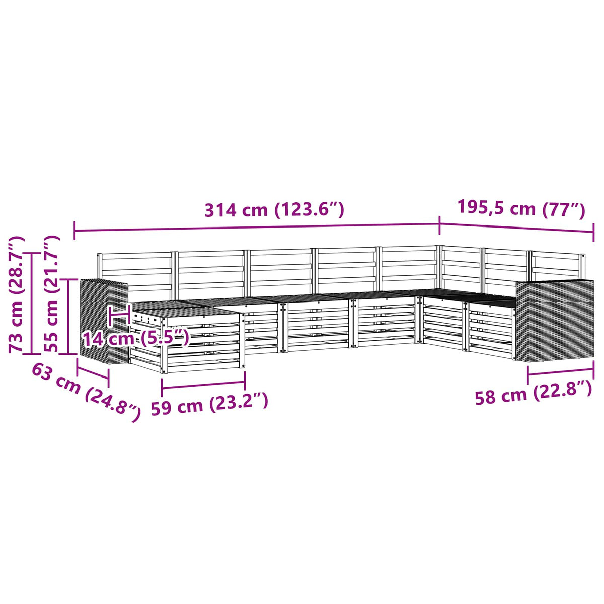 Set vanjskih sofa 8 kom. Prirodna Čvrsto drvo akacije Smeđa 314 x 195,5 x 73 cm
