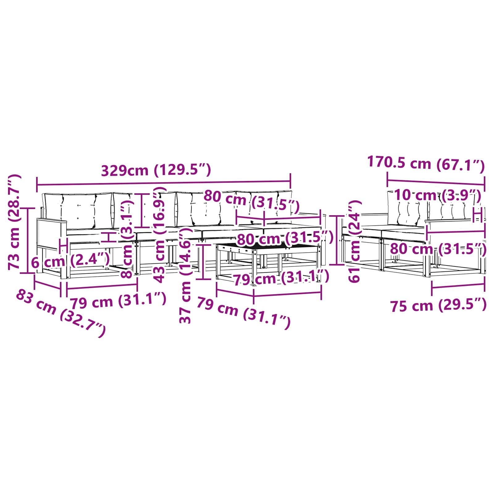 Set vanjskih sofa 7 pcs Prirodna i Svjetlosiva