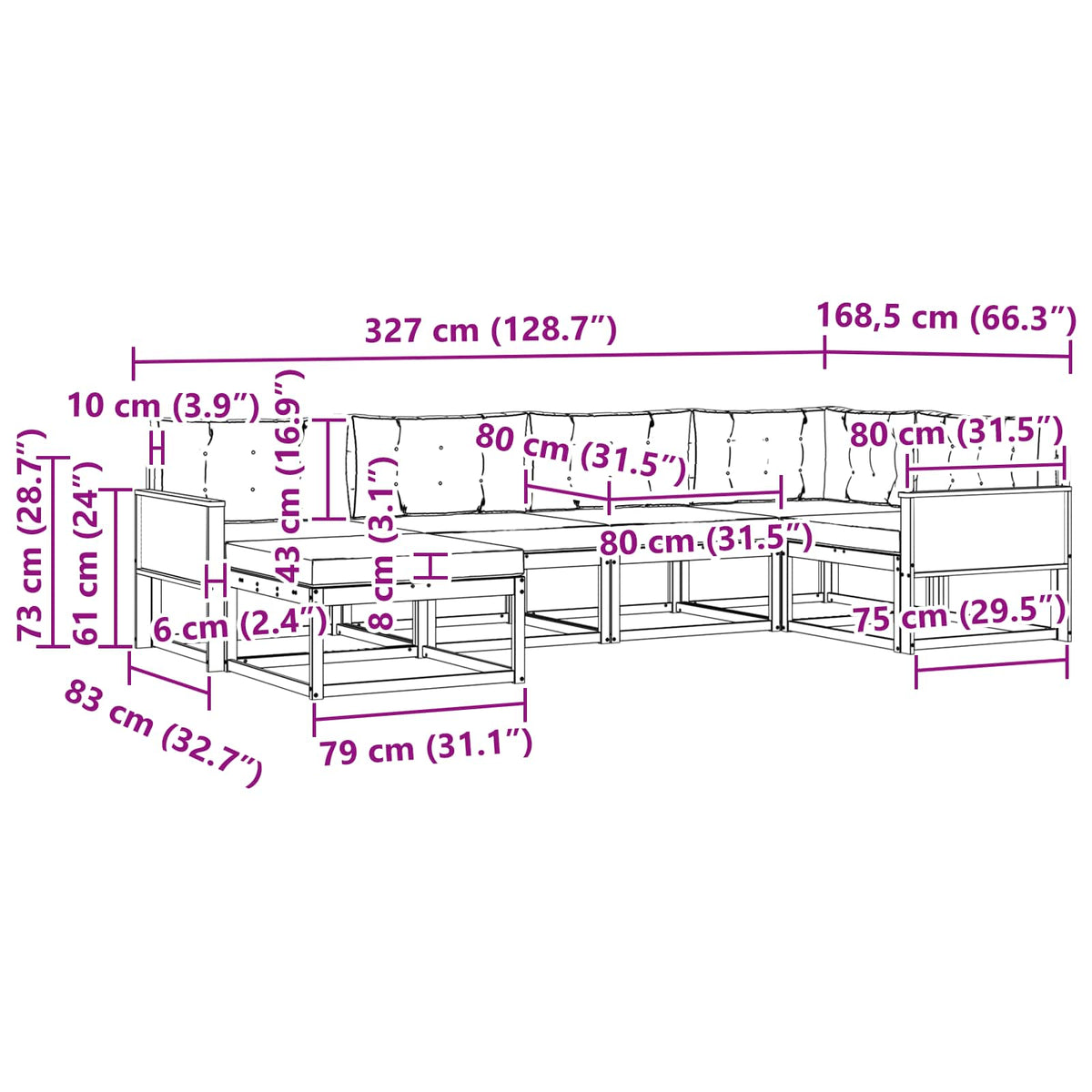 Set vanjskih sofa 6 kom. Prirodna i krem Smeđa 327 x 168,5 x 73 cm