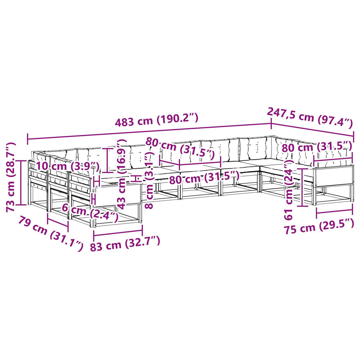 Set vanjskih sofa 10 kom. Prirodna i svjetlosiva Smeđa 483 x 247,5 x 73 cm