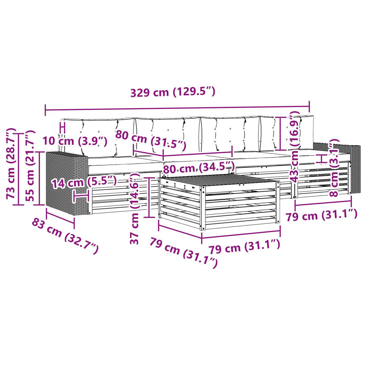 Set vanjskih sofa 5 kom. Prirodna i antracit 79 x 79 x 37 cm