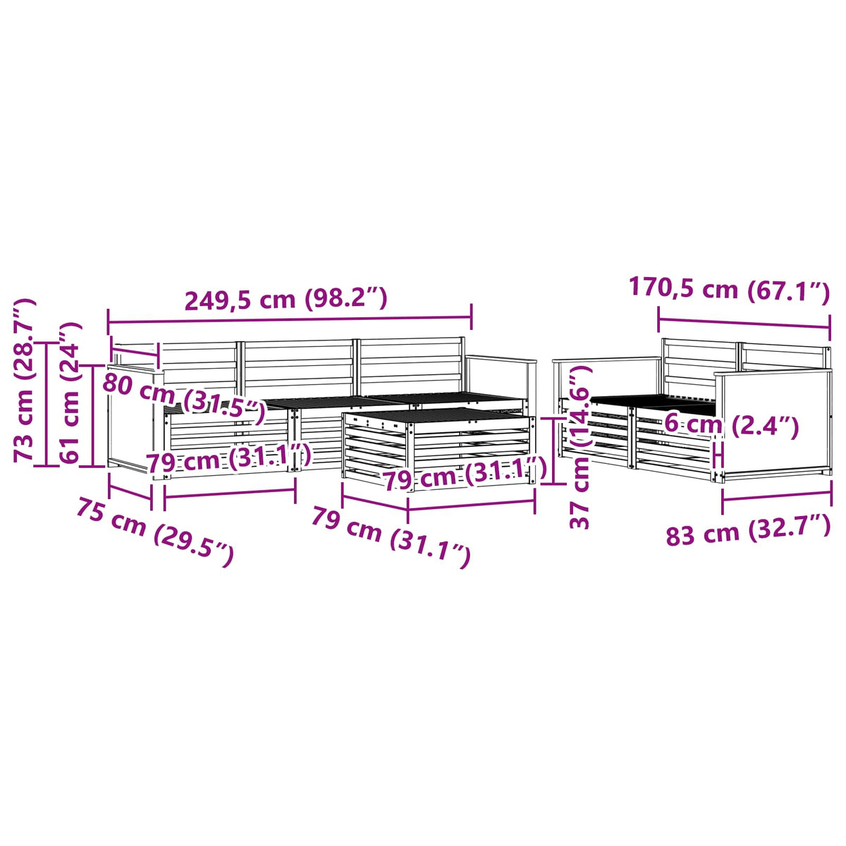 Set vanjskih sofa 6 kom. Prirodna Čvrsto drvo akacije Smeđa