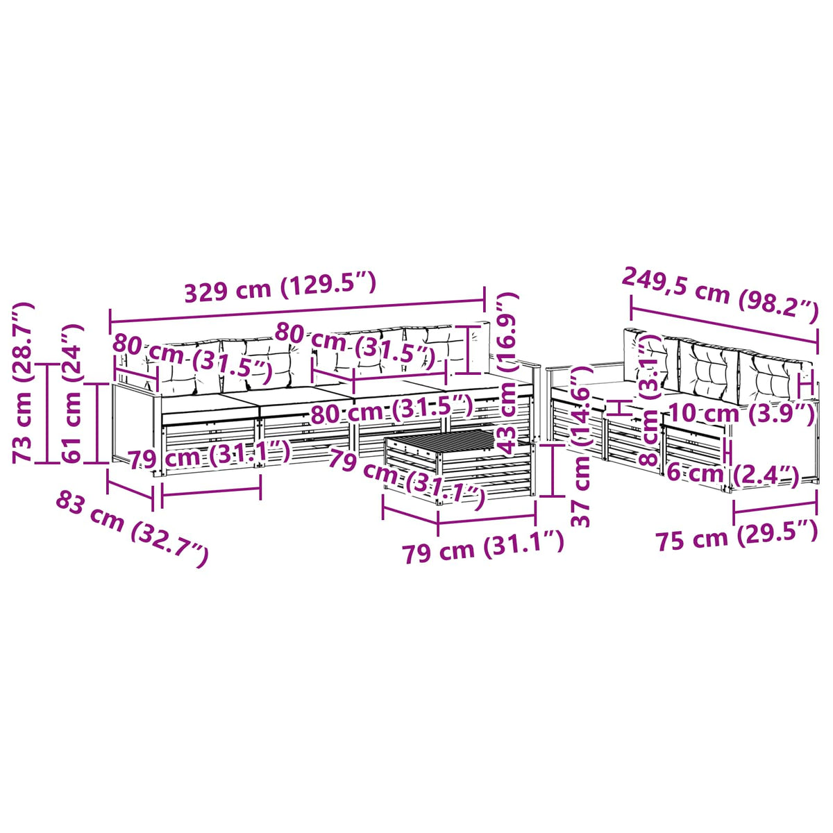 Set vanjskih sofa 8 kom. Prirodna i svjetlosiva Smeđa 79 x 79 x 37 cm