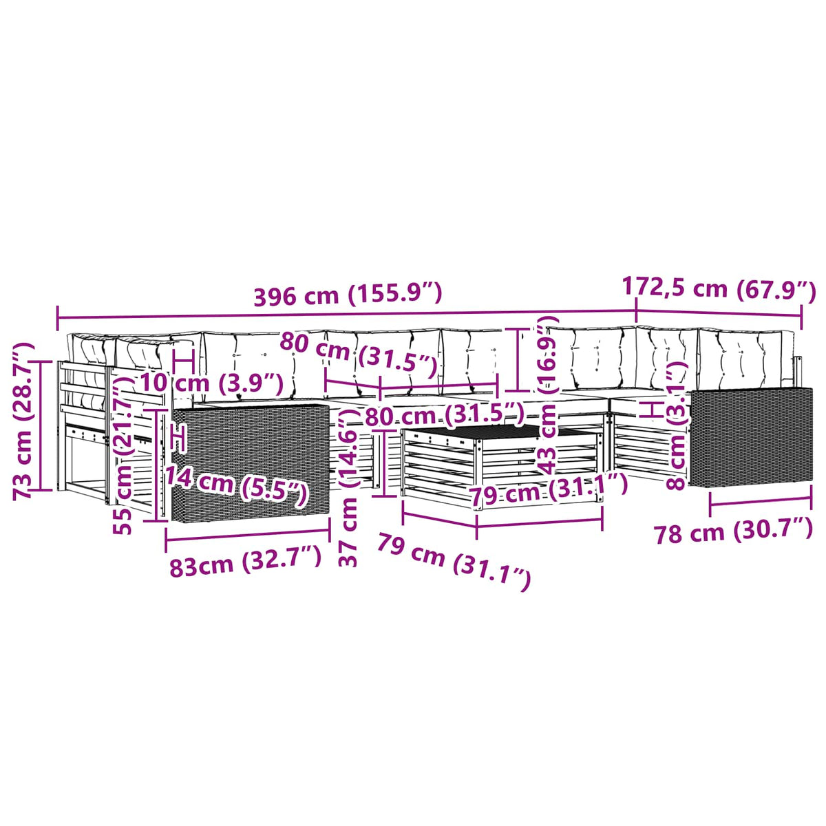 Set vanjskih sofa 8 kom. Prirodna i svjetlosiva Smeđa