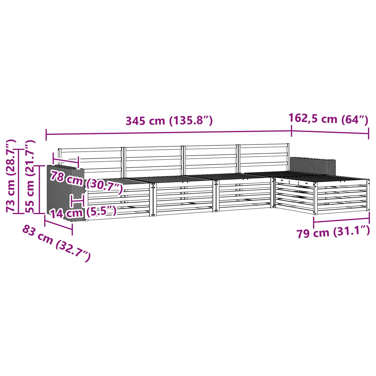 Set vanjskih sofa 5 kom. Prirodna Čvrsto drvo akacije 345 x 162,5 x 73 cm