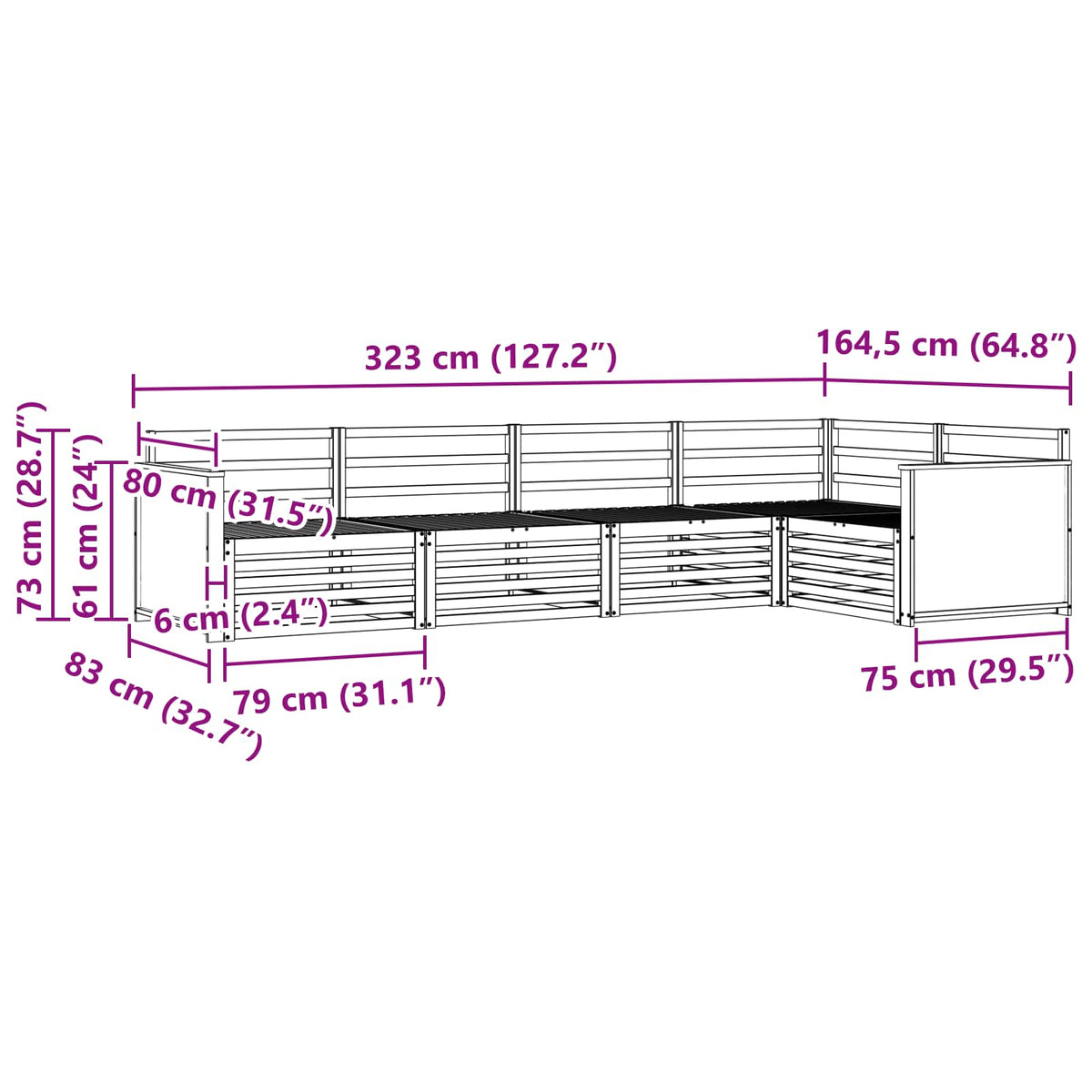 Set vanjskih sofa 5 kom. Prirodna Čvrsto drvo akacije Smeđa 323 x 164,5 x 73 cm