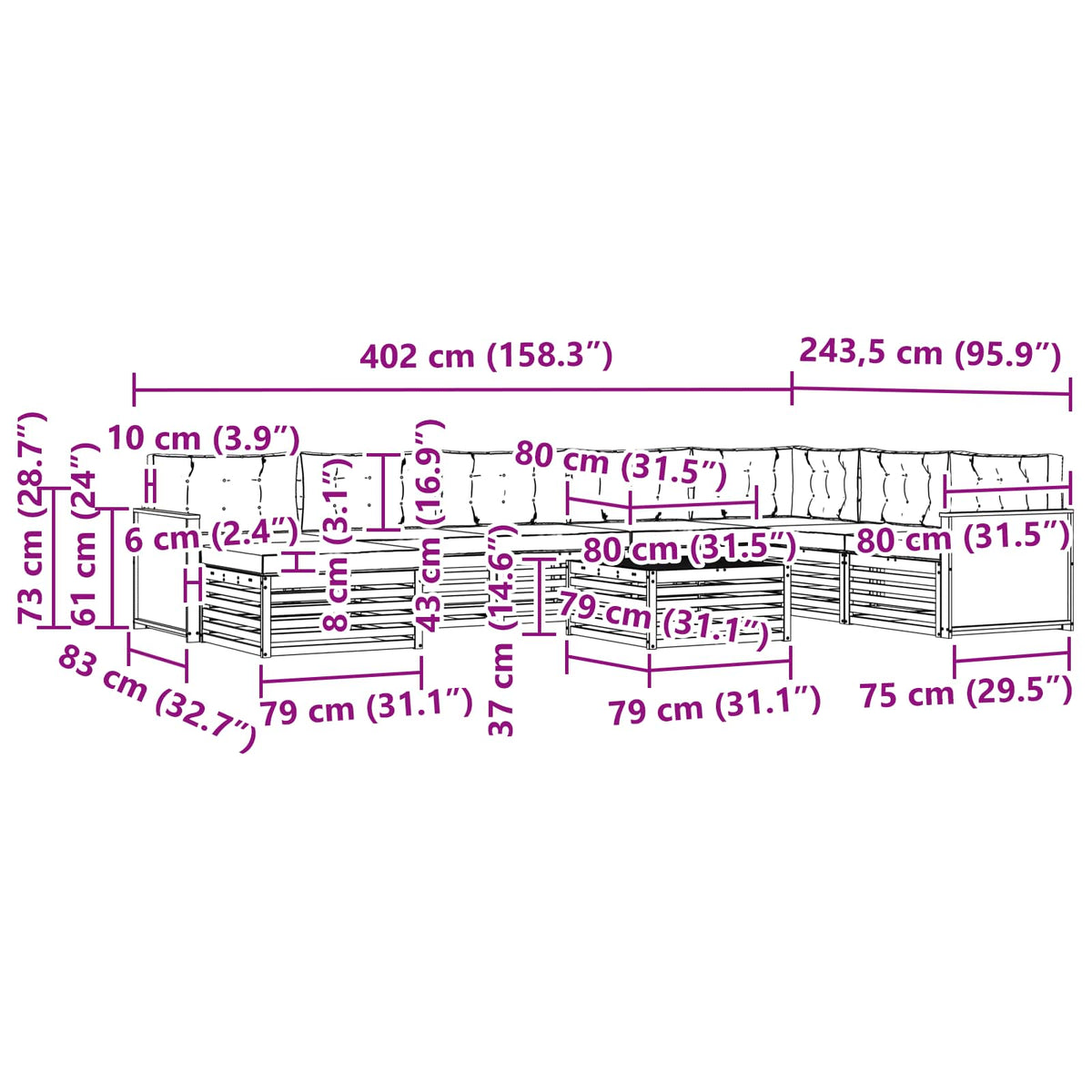 Set vanjskih sofa 9 kom. Prirodna i antracit Smeđa 79 x 79 x 37 cm
