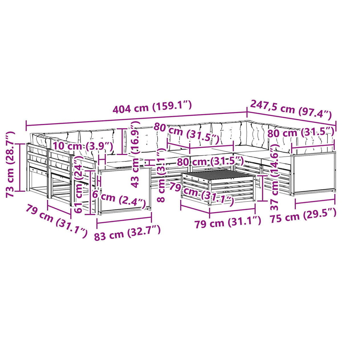 Set vanjskih sofa 10 kom. Prirodna i svjetlosiva Smeđa