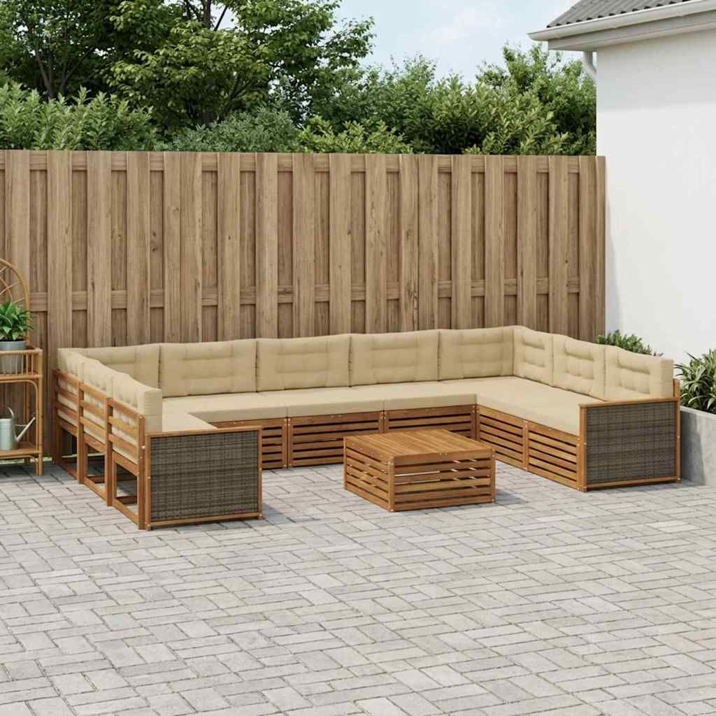 Set vanjskih sofa 10 kom. Prirodna i bež Čvrsto drvo akacije Smeđa